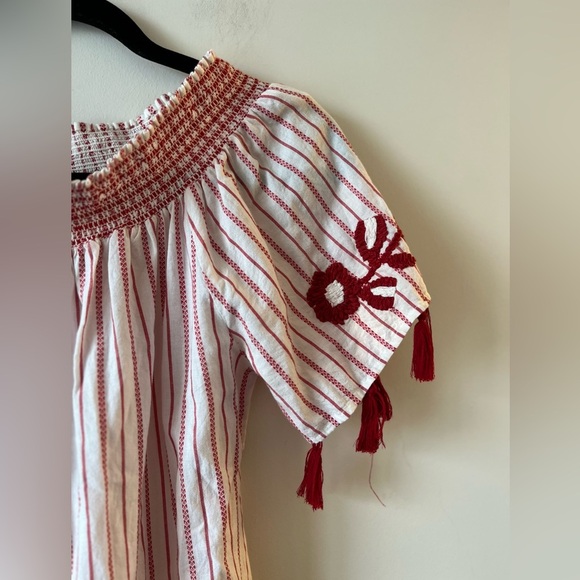 Luna Moon Off-Shoulder Red-White Embroidered Flowers and Tassel Mini Dress - Picture 11 of 12